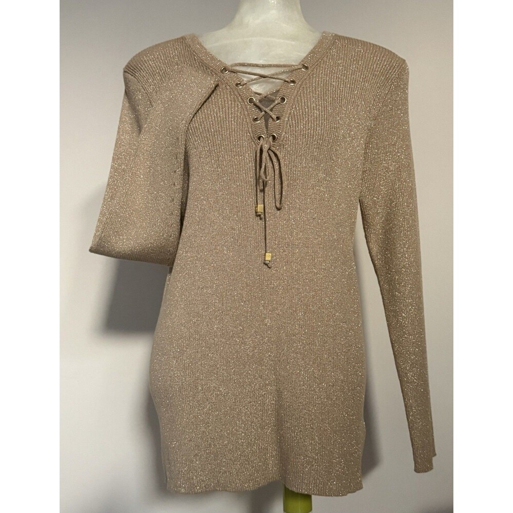 NWT Michael Kors Metallic Gold Lace up Long Sleeve Women's Sweater Size XL